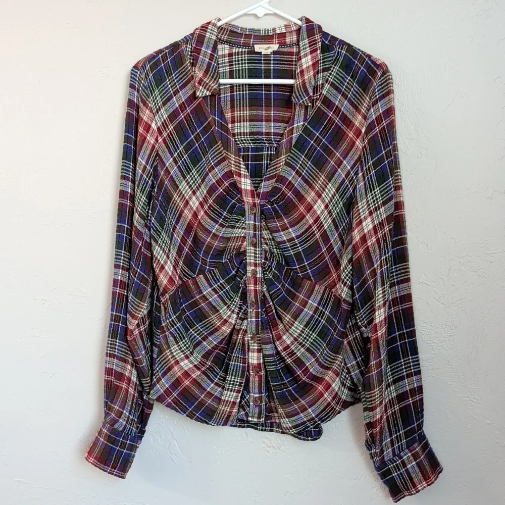 Pilcro Cinched Deep V Plaid Button Down Longsleeve Multicolor Boho Top Size L - Picture 2 of 11